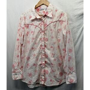 VTG Wrangler Western Women Blouse LS Snap Closure White Eyelet Detail Pink Trim